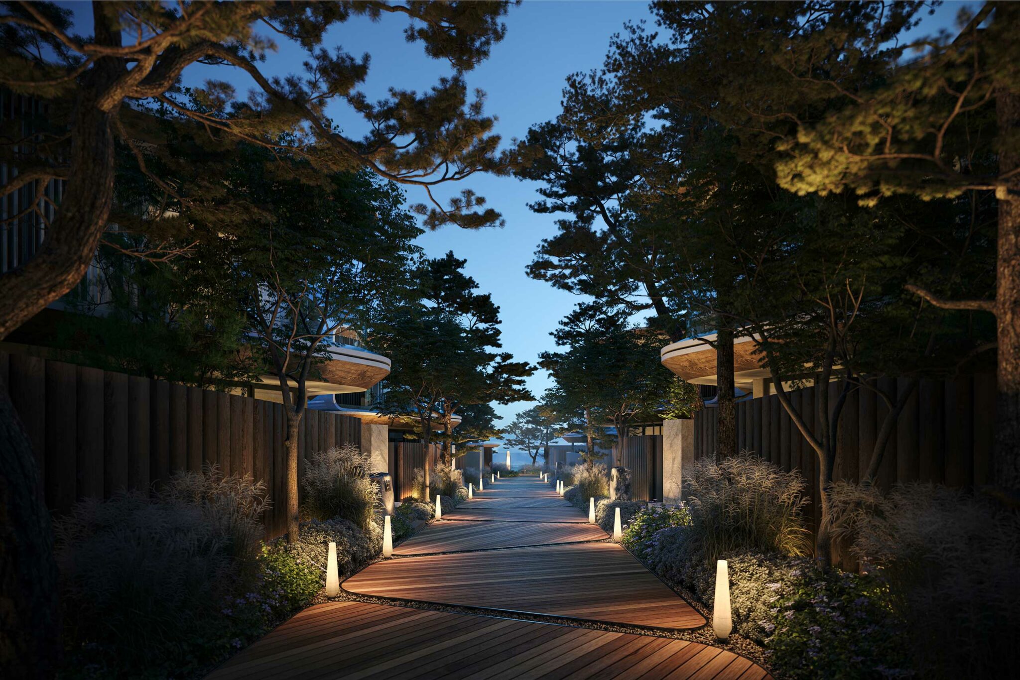 Serene evening hotel pathway lined with illuminated lanterns and trees under a twilight sky, creating a peaceful and inviting atmosphere.