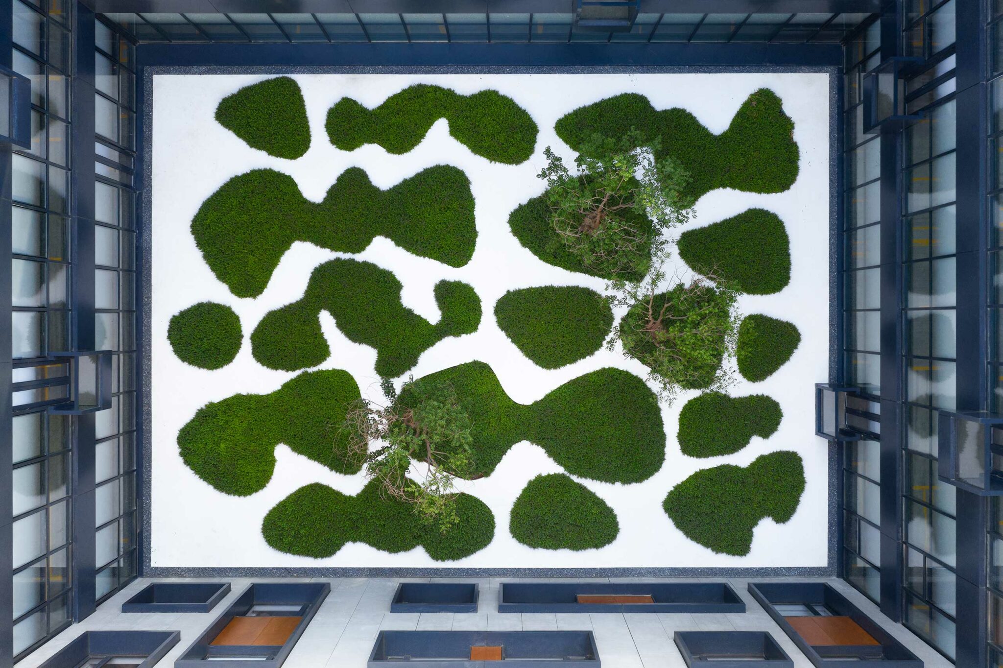 Overhead view of a modern hotel courtyard garden featuring lush, abstract-shaped green hedges on a white gravel base, bordered by building walls.