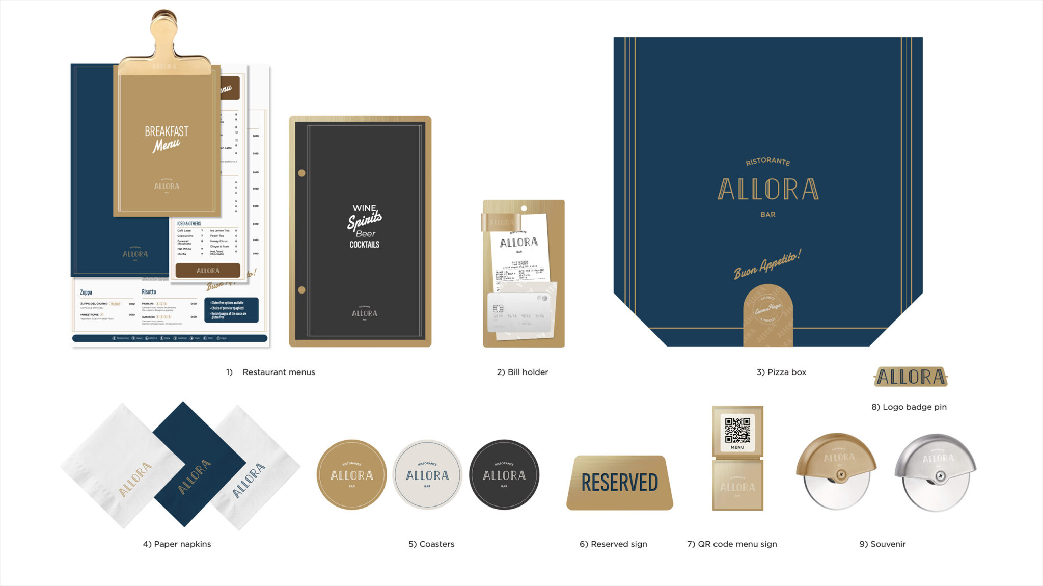 Variety of restaurant branding materials for Allora Bar. Items include menus, a bill holder, pizza box, napkins, coasters, reserved sign, QR menu, and souvenir, all featuring a cohesive navy and gold theme.