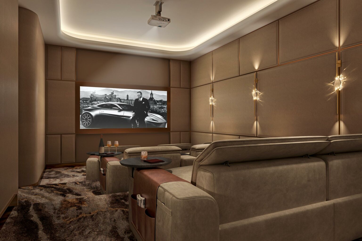 Luxurious home theater with plush beige seating, ambient lighting, and a large screen displaying a black-and-white image of a man with a car. Cozy and elegant atmosphere.