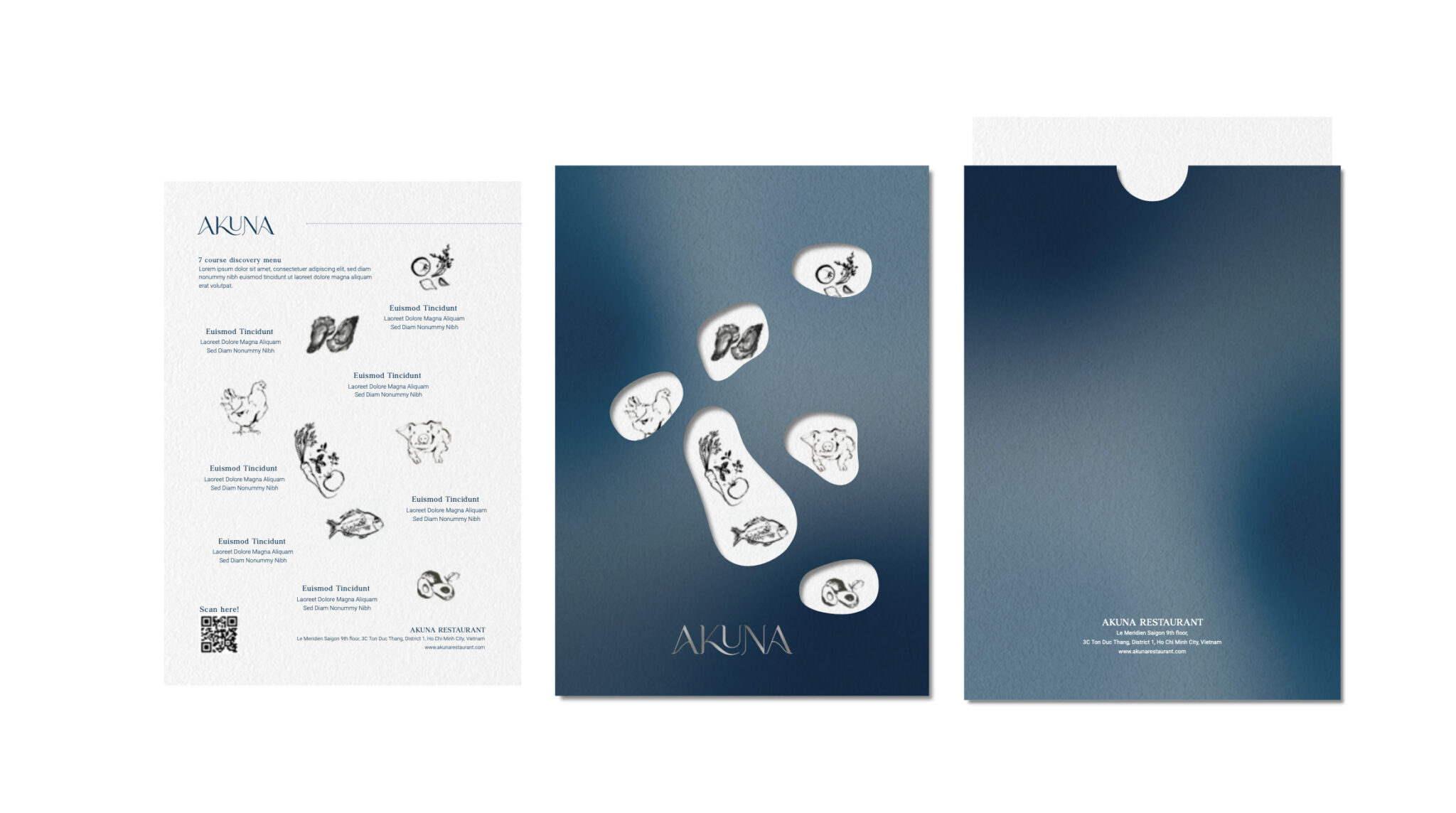 A tri-fold restaurant menu with a minimalist design and the word 