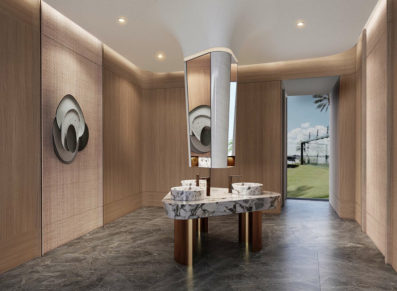 Luxurious restroom with marble sinks, tall mirrors, and wooden walls. Artwork on the left wall. Open door reveals a sunny patio with green grass.