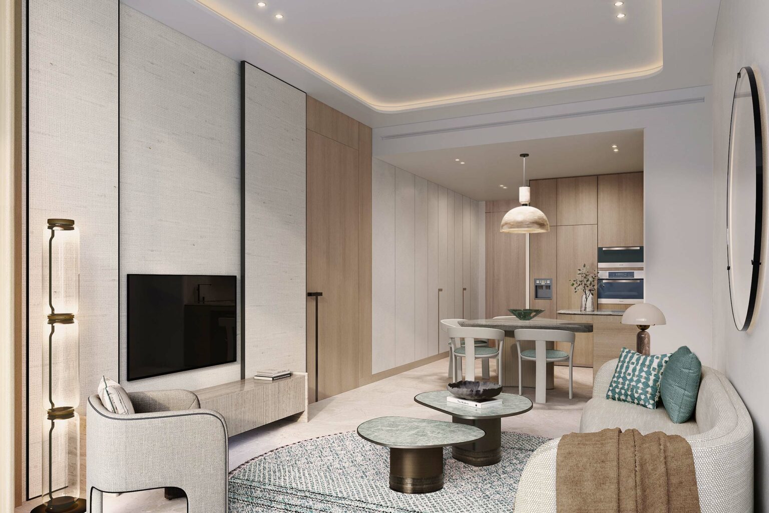 Modern living room and kitchen with beige tones and minimalist design. Features include a wall-mounted TV, cozy sofa, round coffee tables, and pendant light.