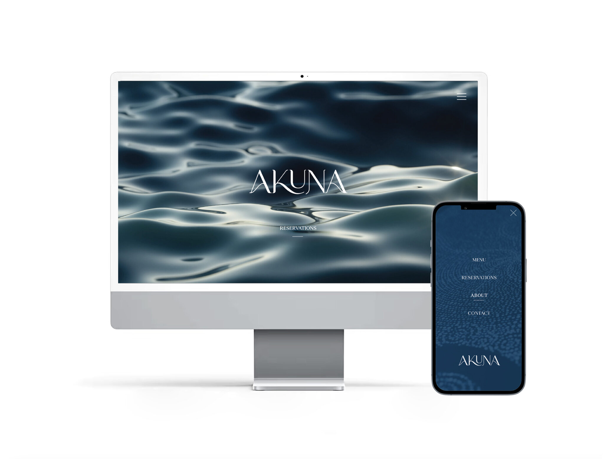 Desktop and mobile screens showing a website with a dark water-themed background. The page features the word 