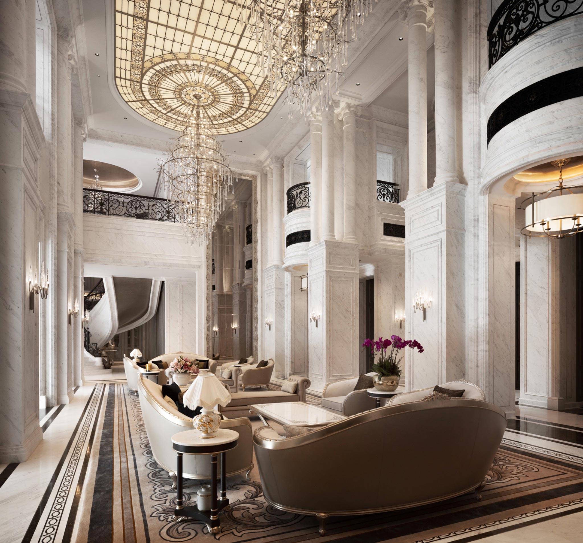 Luxurious living room with high marble columns, ornate chandeliers, and plush seating. Warm lighting and elegant decor create a grand, sophisticated atmosphere.