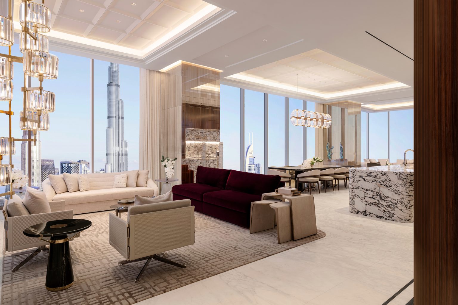 Modern, luxurious living and dining area of Waldorf Astoria Residences Dubai with marble floors, large windows, contemporary furniture, and a view of city skyscrapers, including the Burj Khalifa.