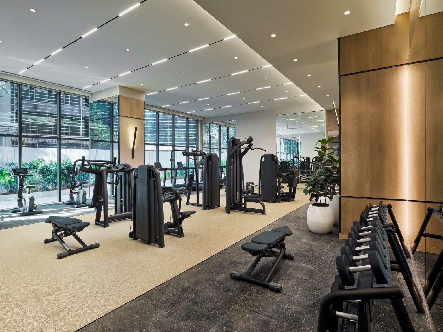 Modern office gym with weight machines, benches, and dumbbells. Large windows provide natural light. Clean, spacious layout with a calming, organized feel.