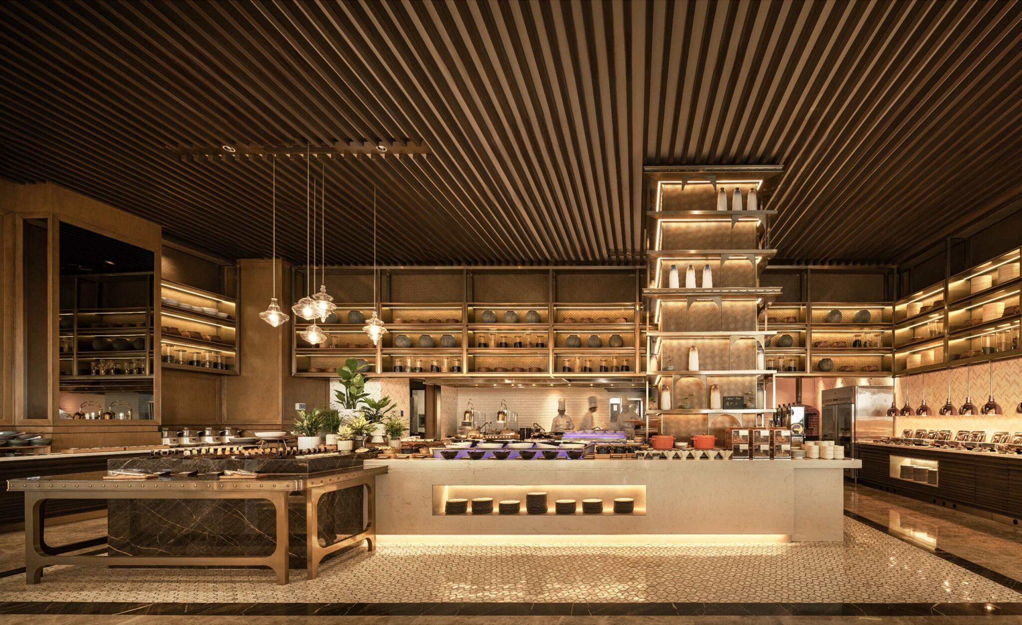 Luxurious hotel restaurant interior with warm lighting, modern wooden decor, and elegant shelves displaying dishes. The atmosphere is cozy and inviting.