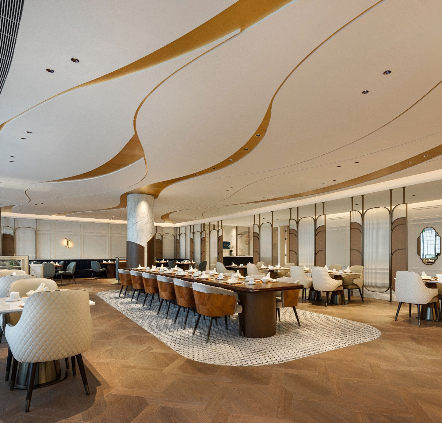 Spacious modern hotel dining area with elegant curved ceiling design and gold accents. Rows of white and brown chairs surround long wooden tables. Inviting and upscale ambiance.