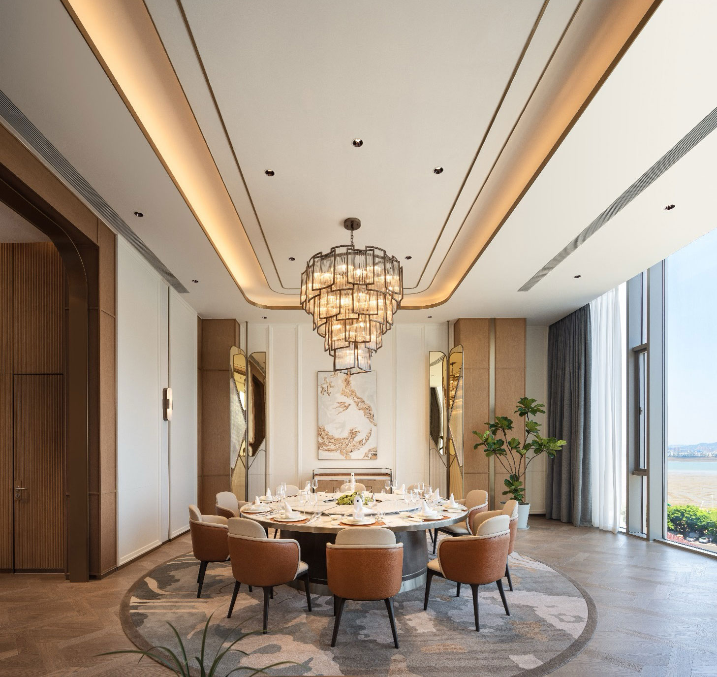 Luxurious hotel dining room with an elegant round table set for eight, under a grand chandelier. Neutral tones, large windows, and modern art create a sophisticated ambiance.
