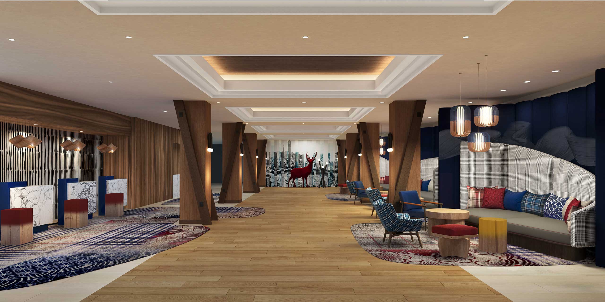 Modern hotel lobby with wooden floors, unique ceiling design, and angled wood pillars. Features stylish check-in counters and a striking red deer mural. Calm ambiance.
