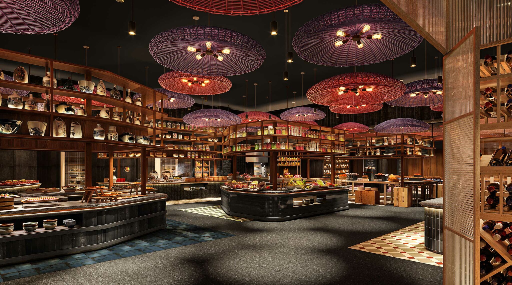 Elegant hotel restaurant interior featuring large red and pink circular lights resembling umbrellas. Wooden shelves display ceramics. The ambiance is warm and inviting.