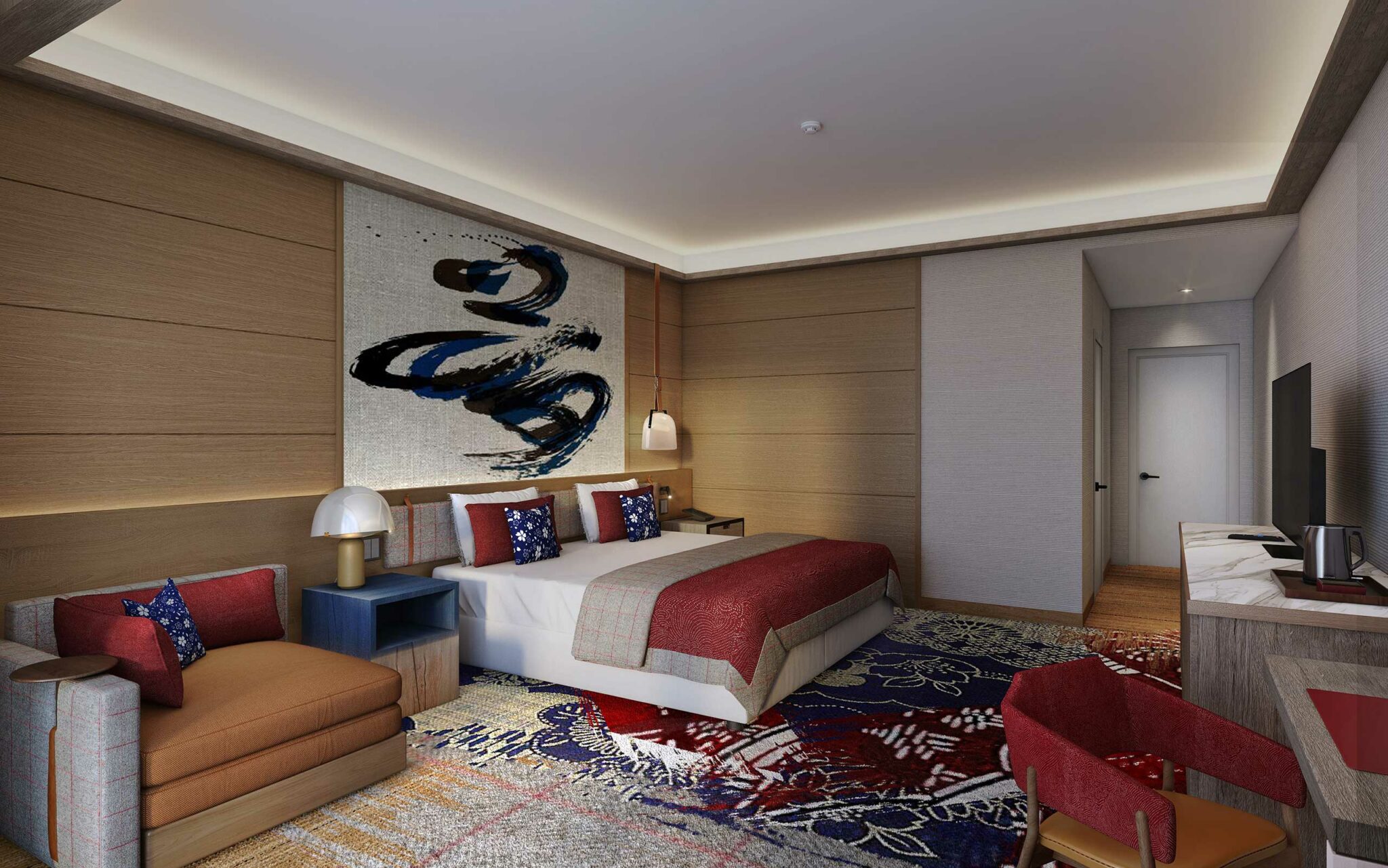 Modern hotel room with a king-sized bed, red and blue patterned pillows, abstract wall art, and warm wood panels. It has a cozy and inviting atmosphere.