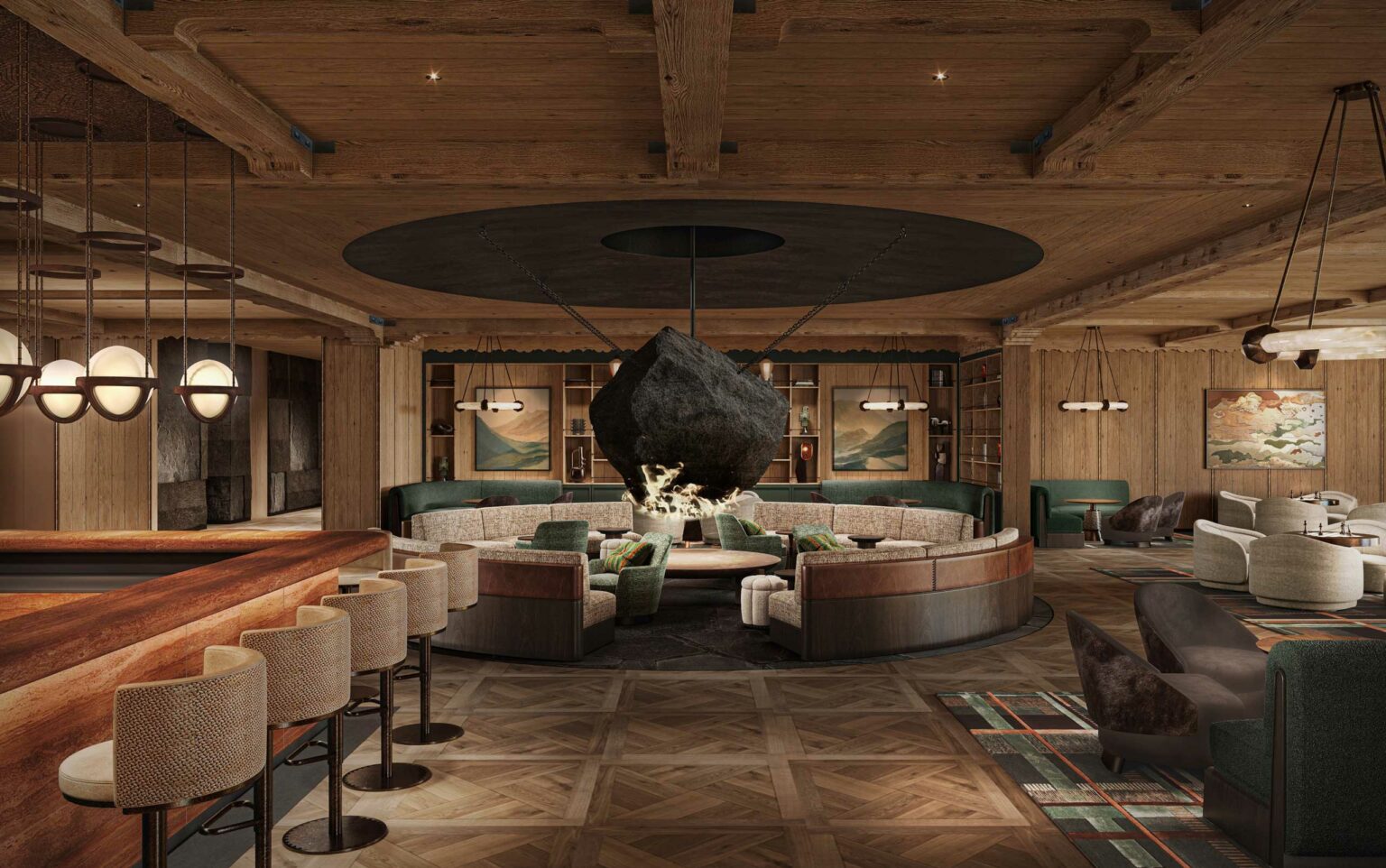 Luxurious hotel lounge with circular seating around a suspended black rock sculpture. Warm lighting, modern decor, wooden beams, and plush chairs create a cozy ambiance.