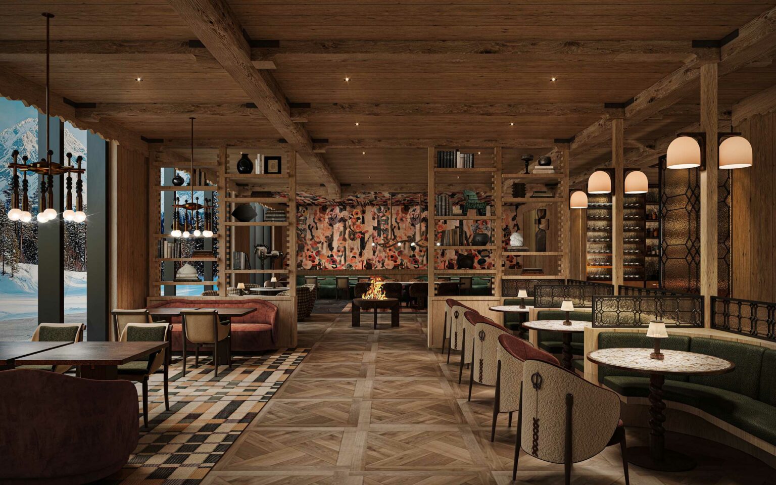Cozy hotel restaurant interior with wooden beams, patterned wallpaper, and parquet floors. Tables and couches are arranged near a central fireplace, creating a warm, inviting atmosphere.