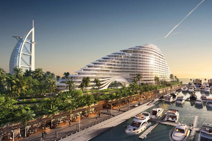 Jumeirah Marsa Al Arab's futuristic waterfront hotel building in Dubai at sunset, with a distinctive curved design and yachts in the marina, exuding luxury and elegance.