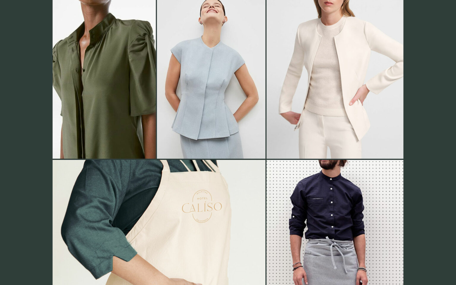 Branded uniforms for Hotel Caliso featuring olive blouse, light blue peplum dress, cream suit, beige apron, and navy shirt. Professional and stylish tone.