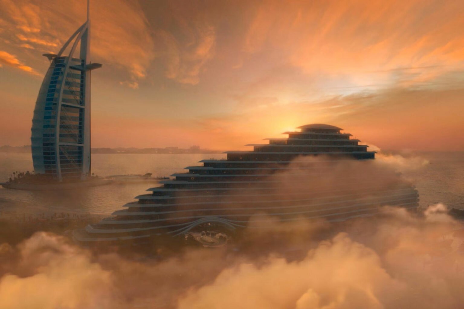 Aerial view of Jumeirah Marsa Al Arab in Dubai, featuring a futuristic cruise ship resembling a stepped pyramid sailing past a sleek, sail-shaped skyscraper at sunset, surrounded by golden clouds. The scene exudes a sense of luxury and innovation.