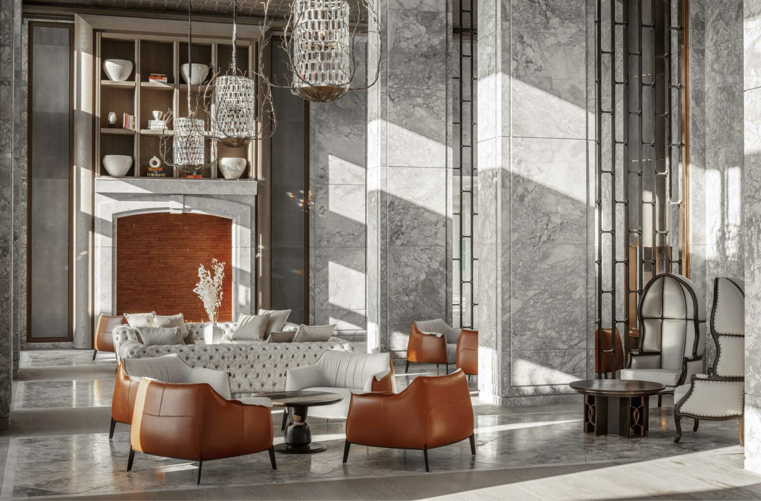 Luxurious resort lobby with modern design. Marble walls, elegant chandeliers, brown leather chairs, and cozy beige couches create a warm, sophisticated ambiance.