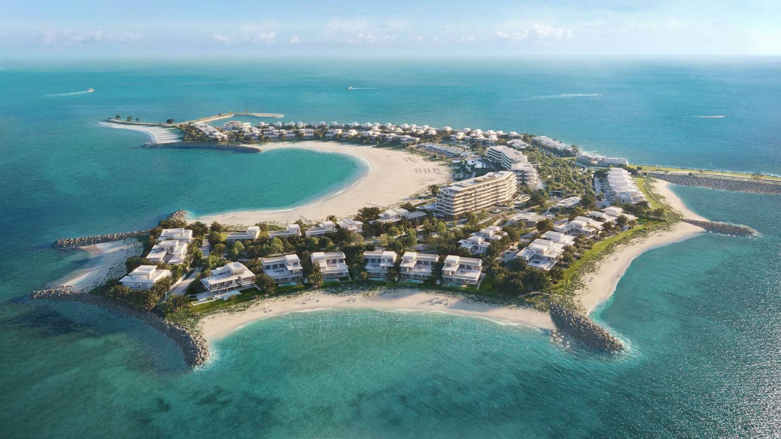 Aerial view of SHA Wellness Resort, featuring a luxurious island resort with modern villas, lush greenery, and sandy beaches surrounded by clear blue ocean, conveying a serene, tropical paradise vibe.