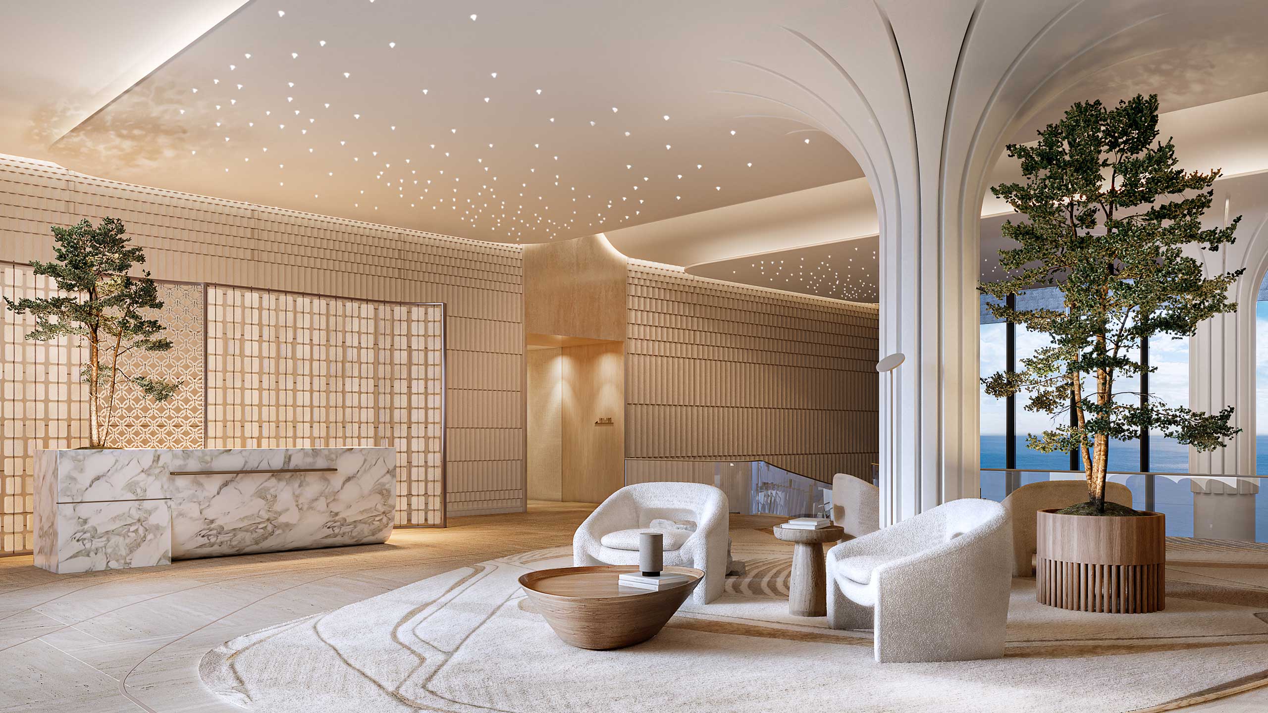 Sophisticated resort lobby with curved marble desk, modern armchairs, and round wood table. Potted trees, star-like ceiling lights, serene ambiance.
