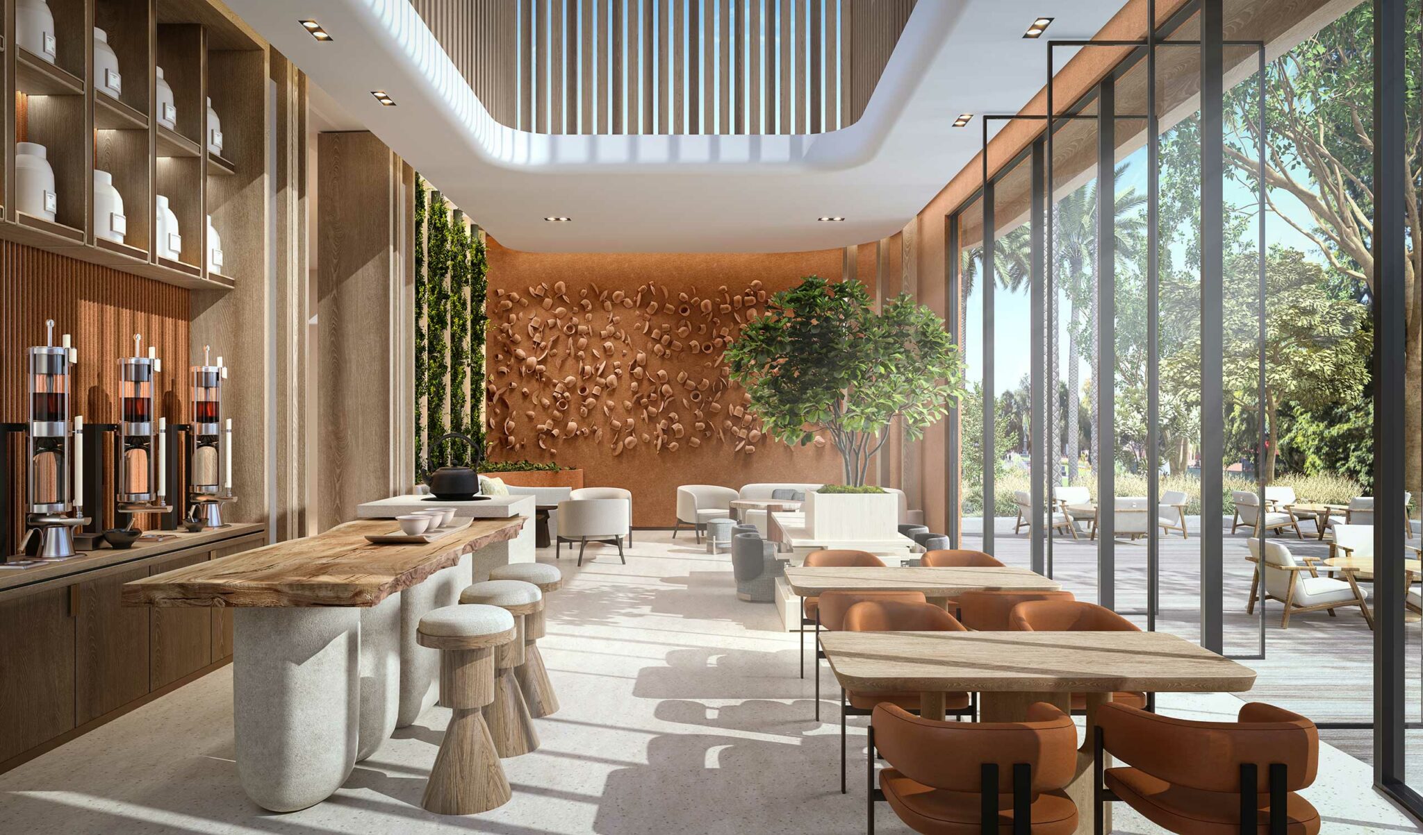 Modern resort cafe area with large windows, letting in bright natural light. Features wooden tables, brown leather chairs, and a green plant wall, creating a cozy, inviting atmosphere.