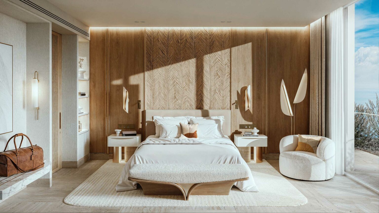 Luxurious resort bedroom with soft lighting, featuring a large bed, wood paneling, modern decor, and a serene ocean view through a large window. Calm and elegant ambiance.