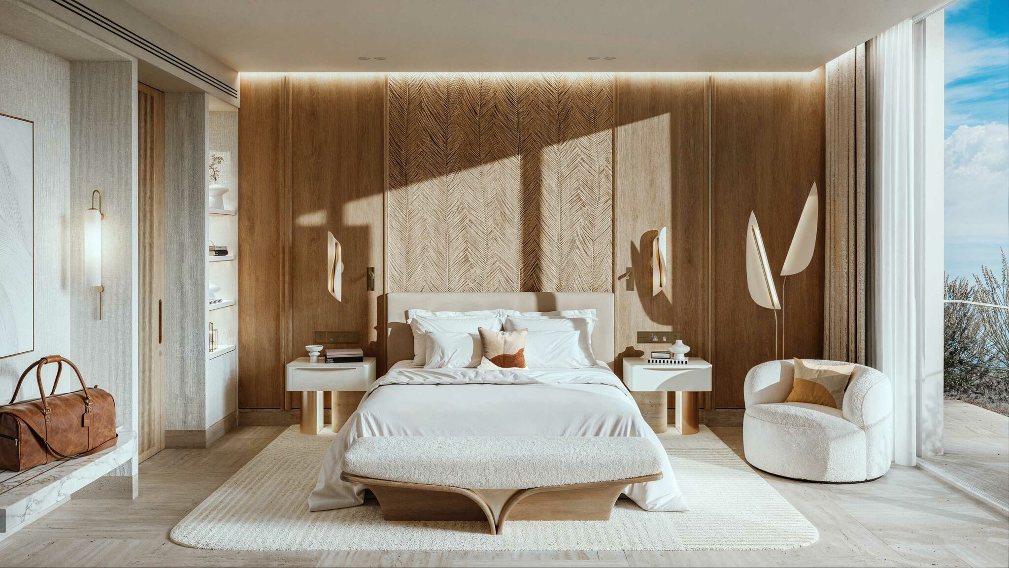 Luxurious resort bedroom with soft lighting, featuring a large bed, wood paneling, modern decor, and a serene ocean view through a large window. Calm and elegant ambiance.