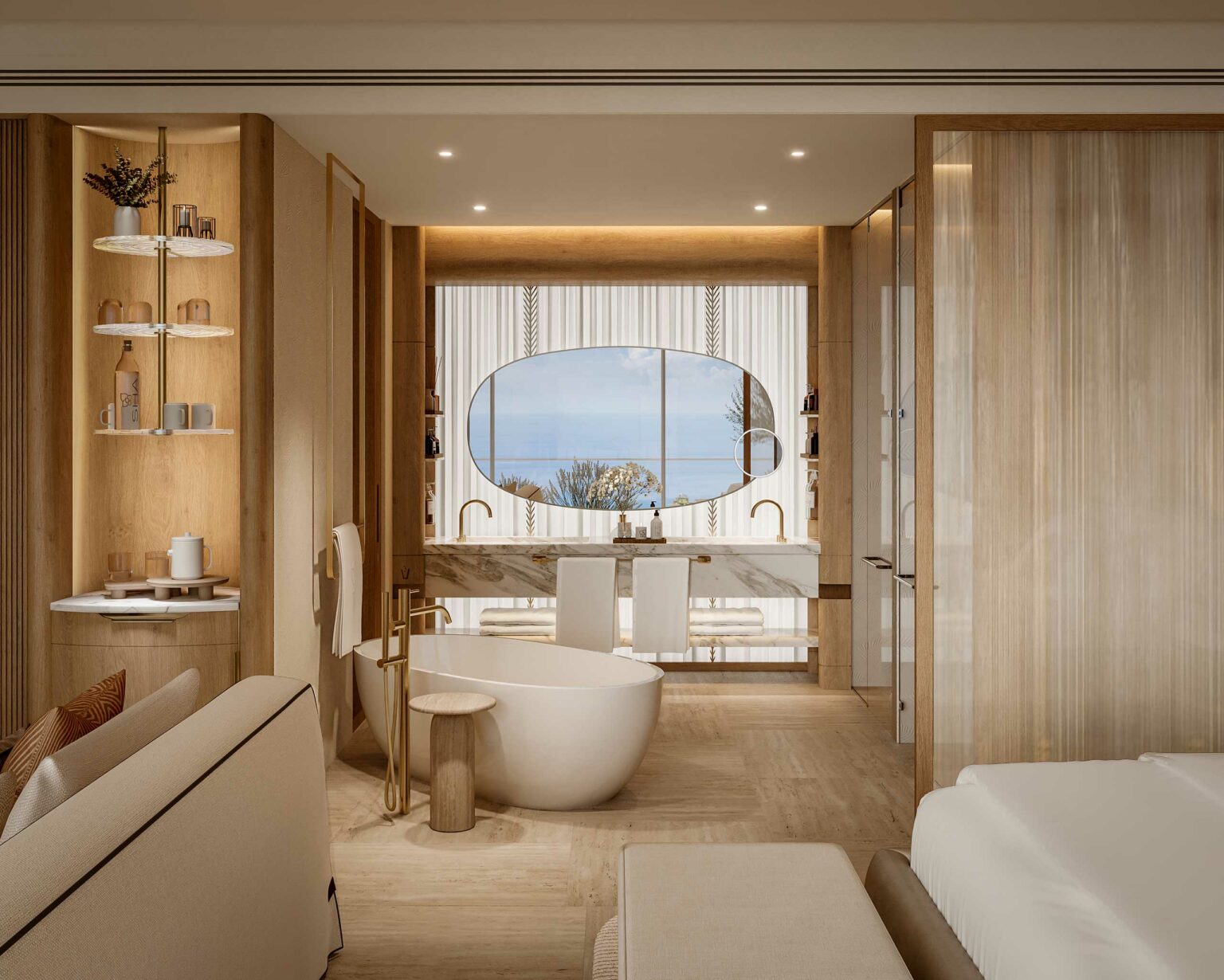 Elegant suite bathroom with natural wood tones, featuring a freestanding white tub, double sink under an oval mirror, and a window with ocean view. Calm ambiance.