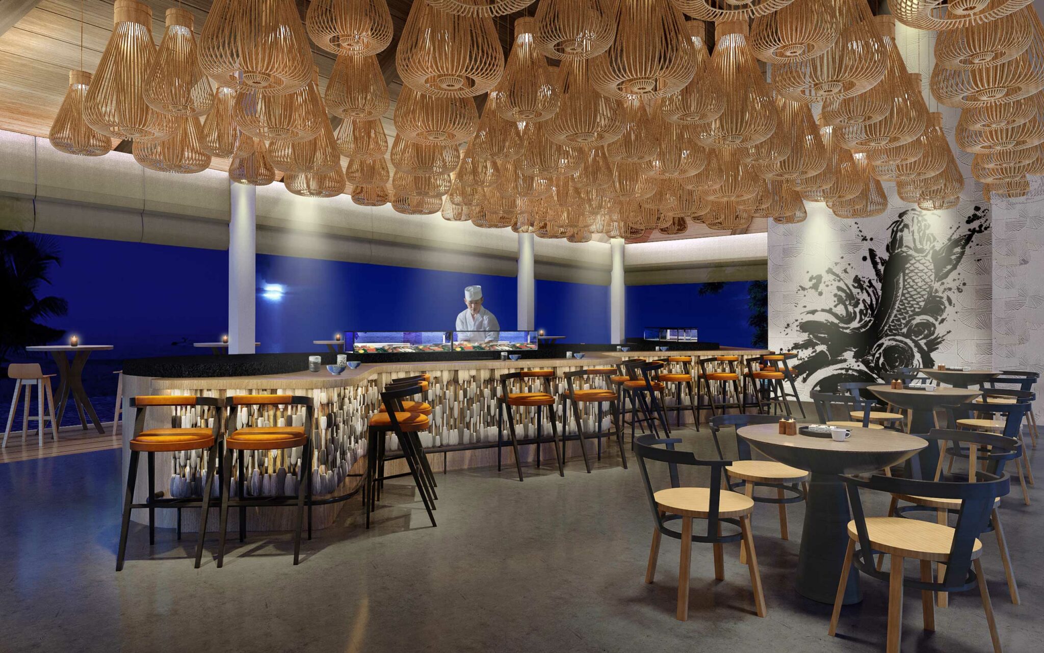 Sophisticated hotel restaurant interior with wicker light fixtures, a sushi chef behind a counter, wooden bar stools, and modern decor. A serene and elegant ambiance.