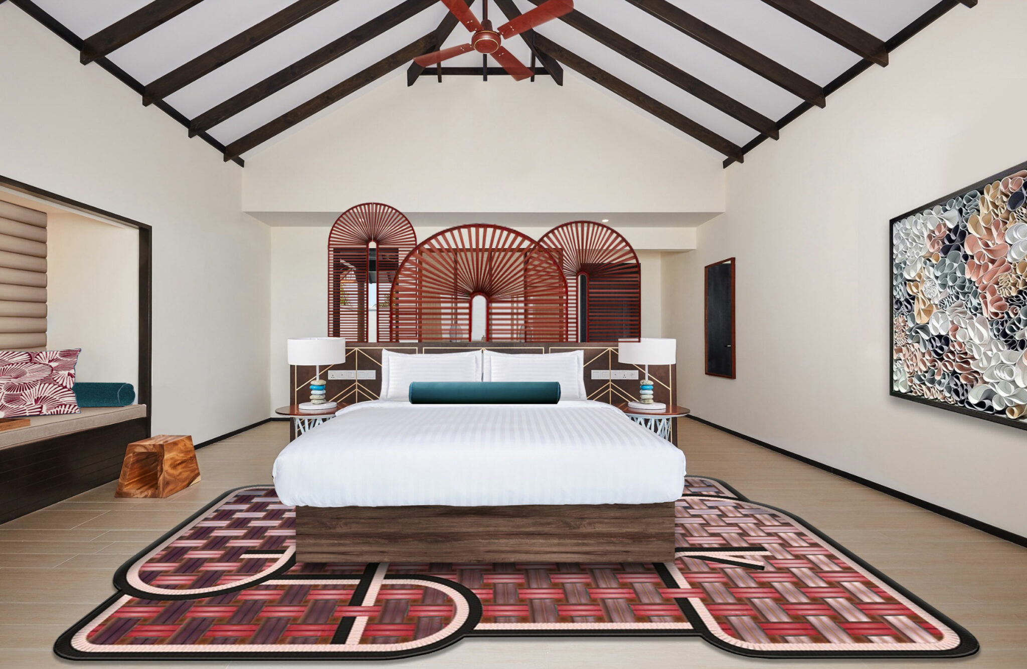 Spacious hotel bedroom with vaulted ceiling and dark beams. Central white bed with wooden accents. Decorative room dividers and patterned rug add sophistication.