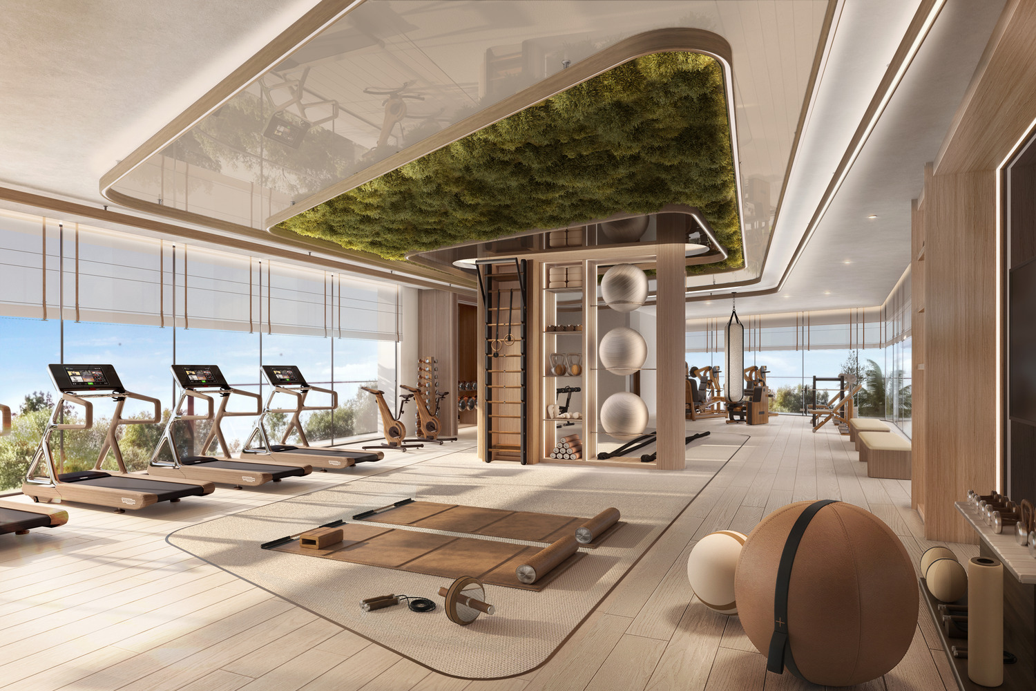 A serene, minimalist resort wellness communal area with soft cushions encircling a central pebble and moss garden. Sunlight filters through a skylight and large windows, creating a peaceful atmosphere.
