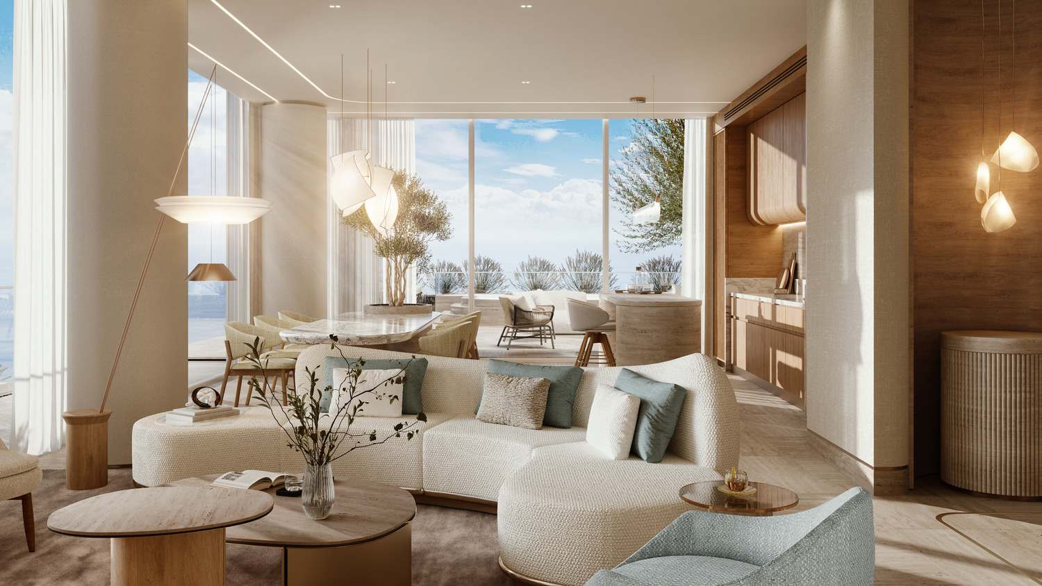 Sophisticated resort lobby with curved marble desk, modern armchairs, and round wood table. Potted trees, star-like ceiling lights, serene ambiance.
