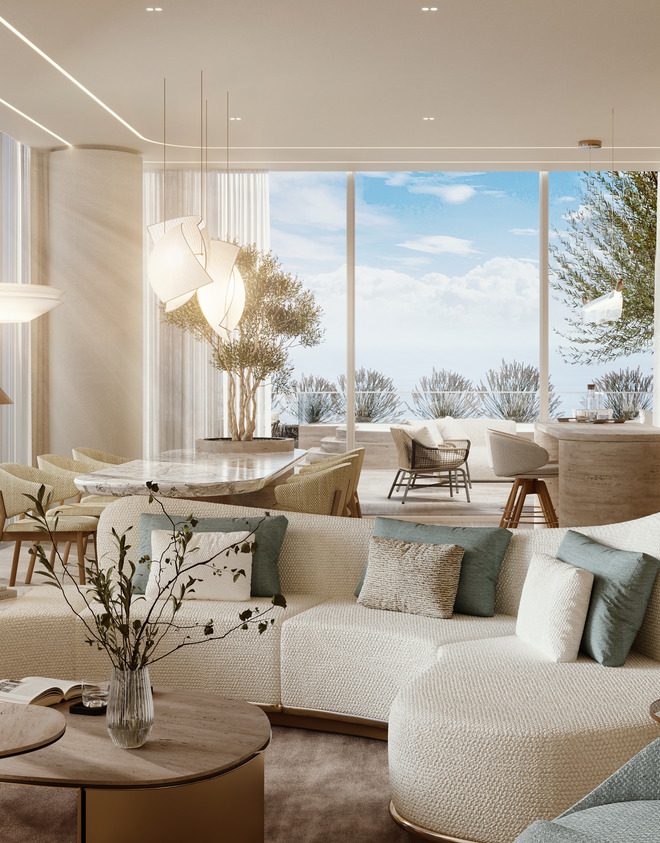 Sophisticated resort lobby with curved marble desk, modern armchairs, and round wood table. Potted trees, star-like ceiling lights, serene ambiance.
