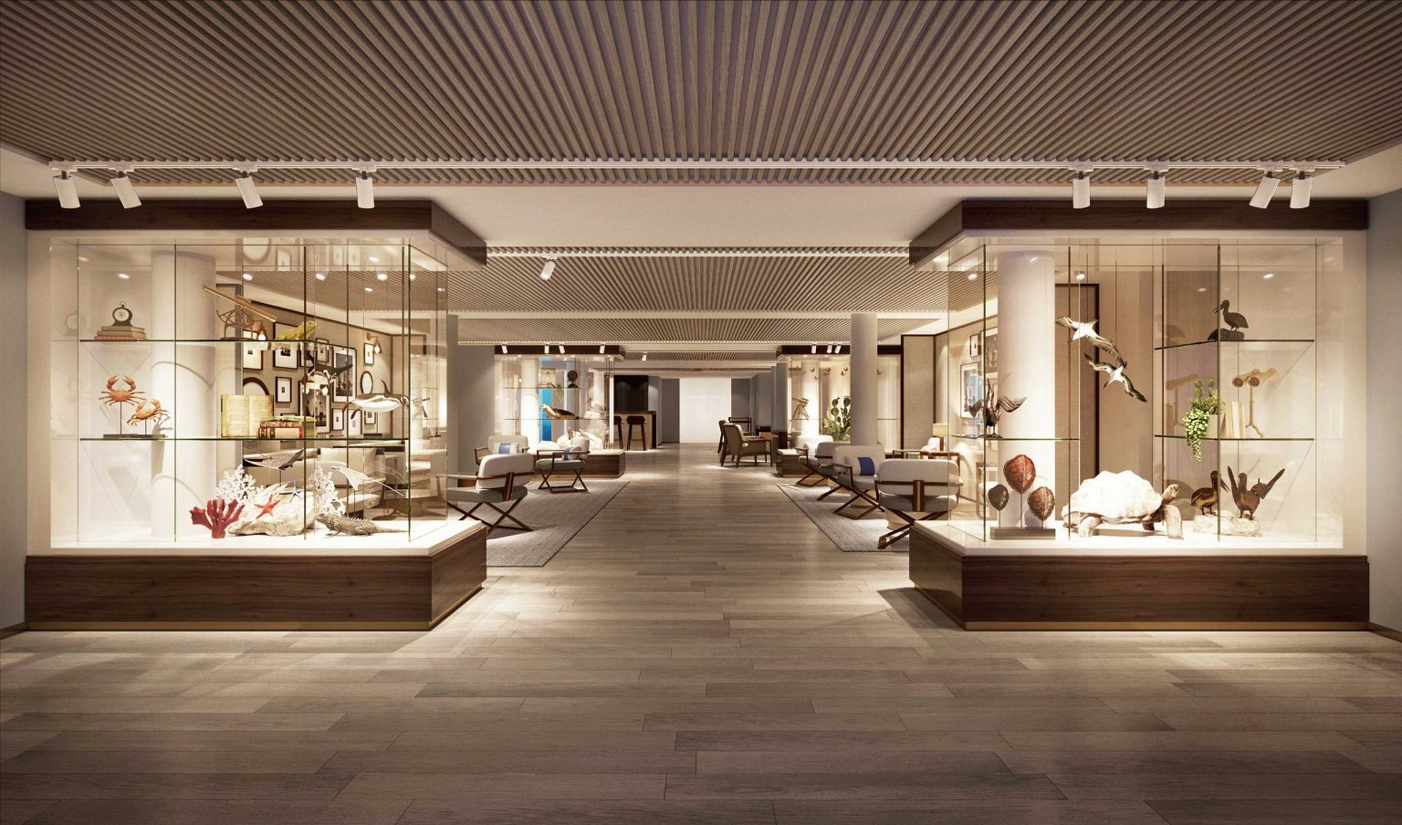 Modern cruise lounge interior with minimalistic, contemporary design. Glass display cases and stylish chairs on wooden flooring create a calm, sophisticated ambiance.