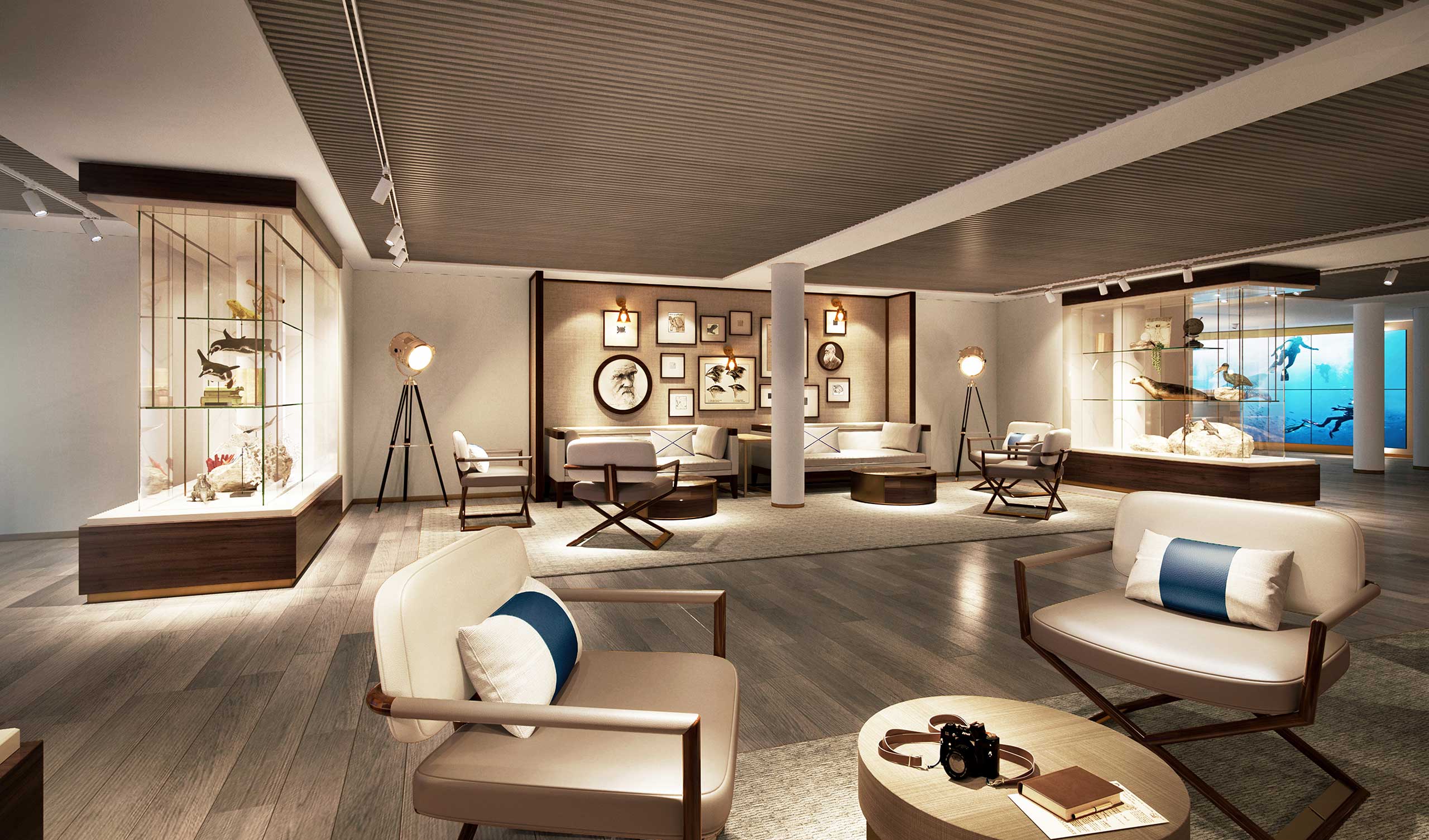 Modern cruise lounge with sleek furniture, soft lighting, and wooden floors. Art pieces and sculptures are displayed, creating a stylish, serene ambiance.