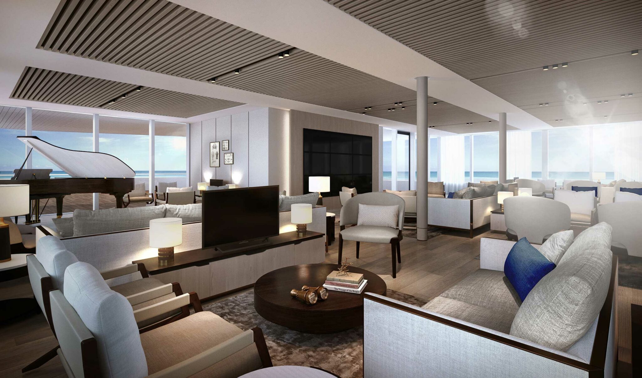 Luxurious cruise lounge with modern decor, soft grey sofas, a grand piano, large windows overlooking the ocean, and ambient lighting creating a serene atmosphere.