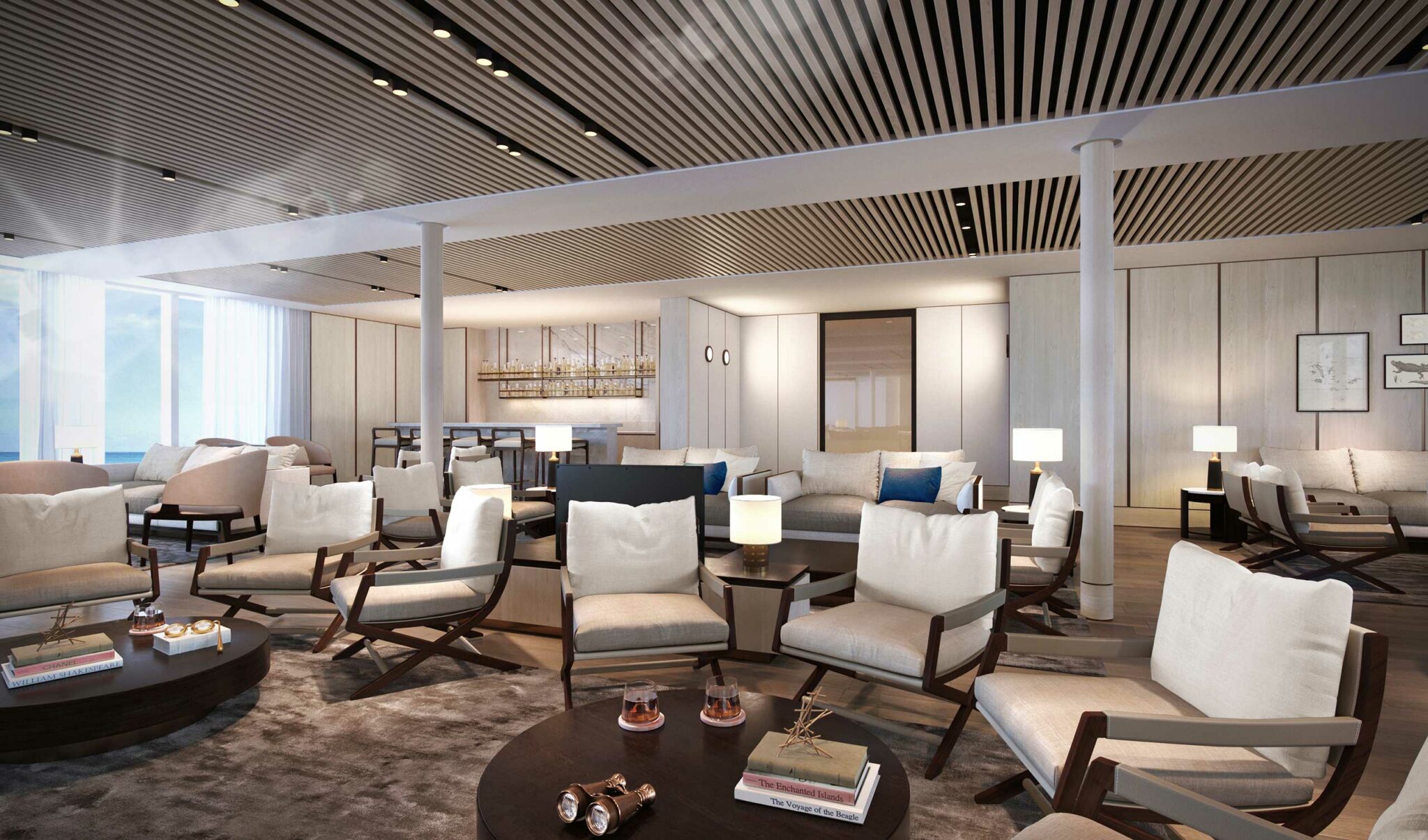 Spacious, stylish cruise lounge with modern white armchairs, wooden tables, and soft lighting. Large windows offer a bright, airy atmosphere.