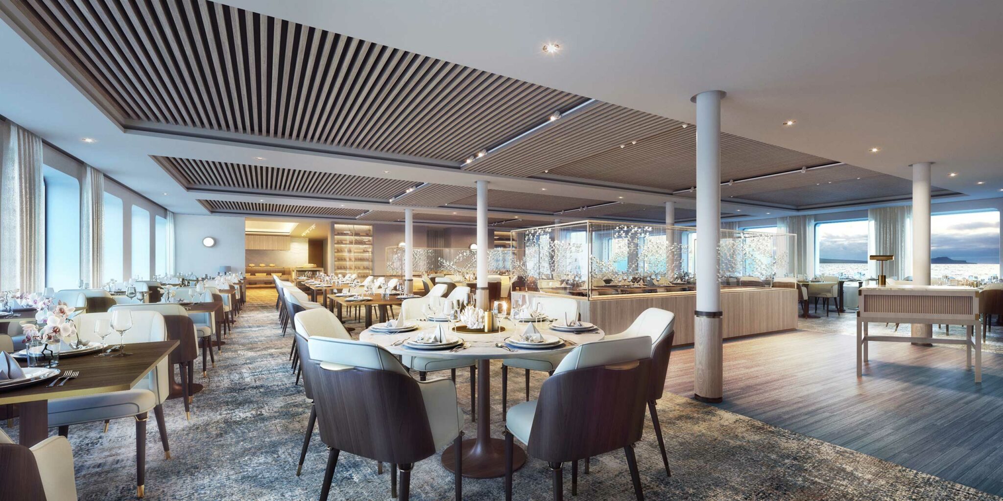 Spacious modern cruise restaurant with elegant wood ceilings and large windows. Tables are set with white plates and glasses, creating a sophisticated ambiance.