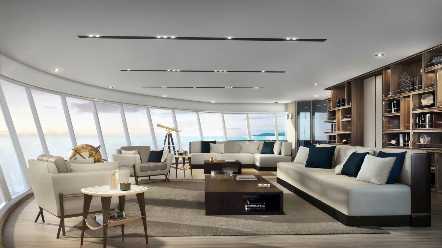 Spacious, modern cruise lounge with large windows offering an ocean view. Features white sofas, dark wood tables, bookshelves, and a telescope, creating a serene atmosphere.