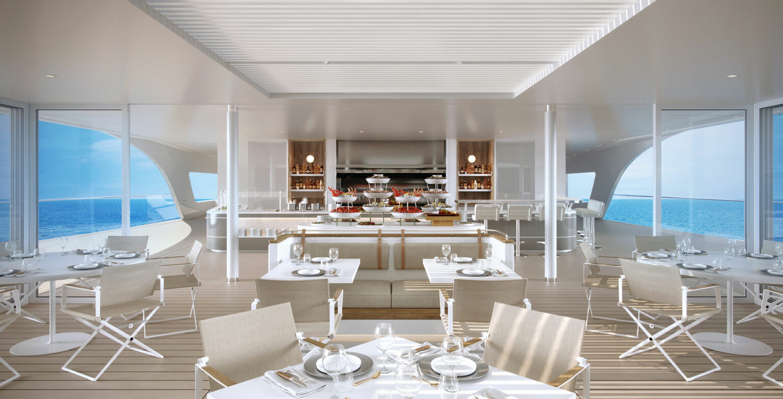 Modern, elegant cruise dining area with white tables and chairs, set with plates and glasses. Large windows reveal a stunning ocean view, creating a serene atmosphere.