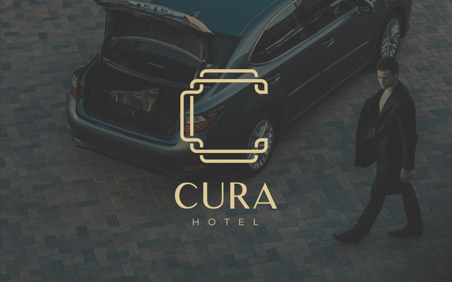 A man in a suit walks past a parked car with an open trunk containing a suitcase. The elegant 