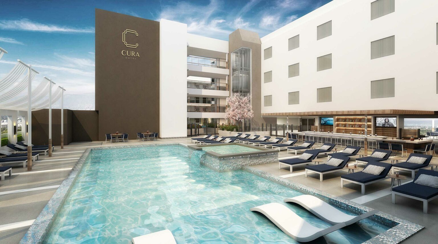 Outdoor pool area of a modern hotel showing an elegant signage displaying 