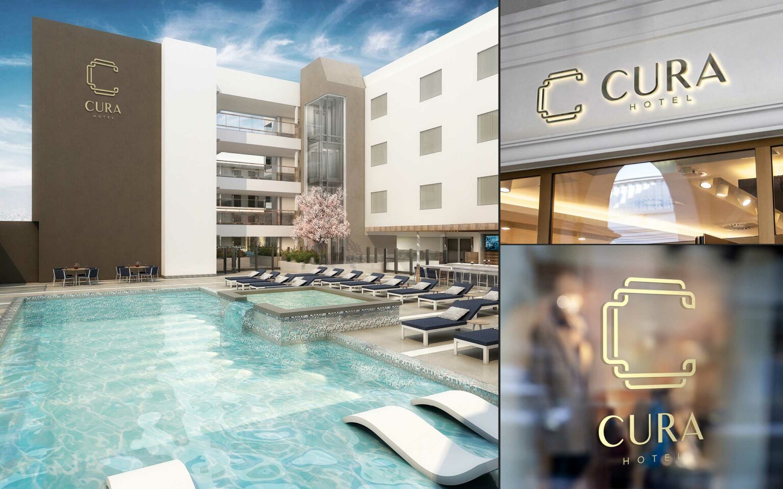 Modern hotel with a sleek design featuring a large outdoor pool, luxurious lounge chairs, and elegant signage displaying 