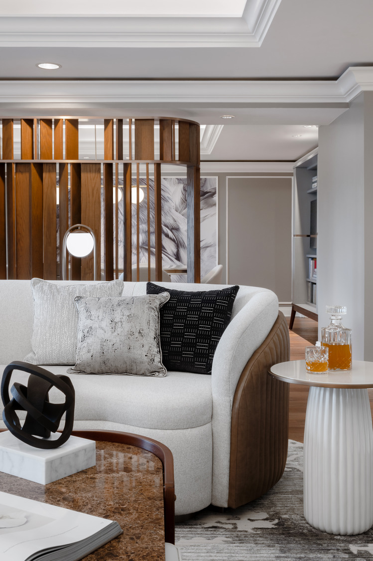 A contemporary living suite with interior design drawing from textures and tones from the seaside.