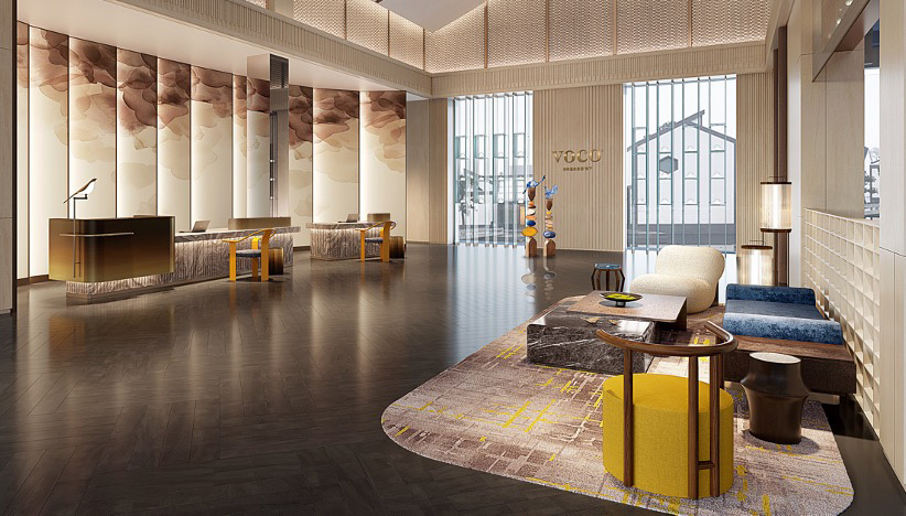 Luxurious hotel lobby with modern decor. Features sleek desks, plush seating on patterned rugs, abstract wall art, and large windows for natural light.