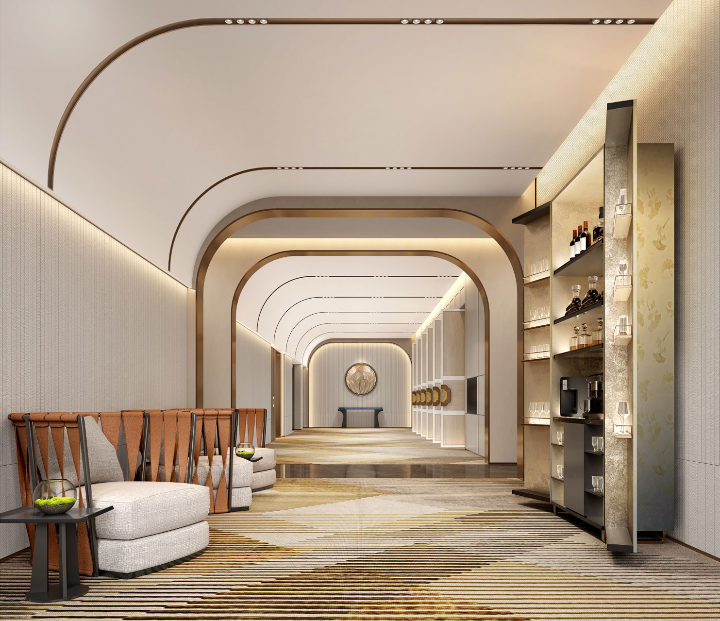 Luxurious hotel lounge with modern seating, decorative shelves displaying bottles, and an elegant arched ceiling. Neutral tones create a serene atmosphere.