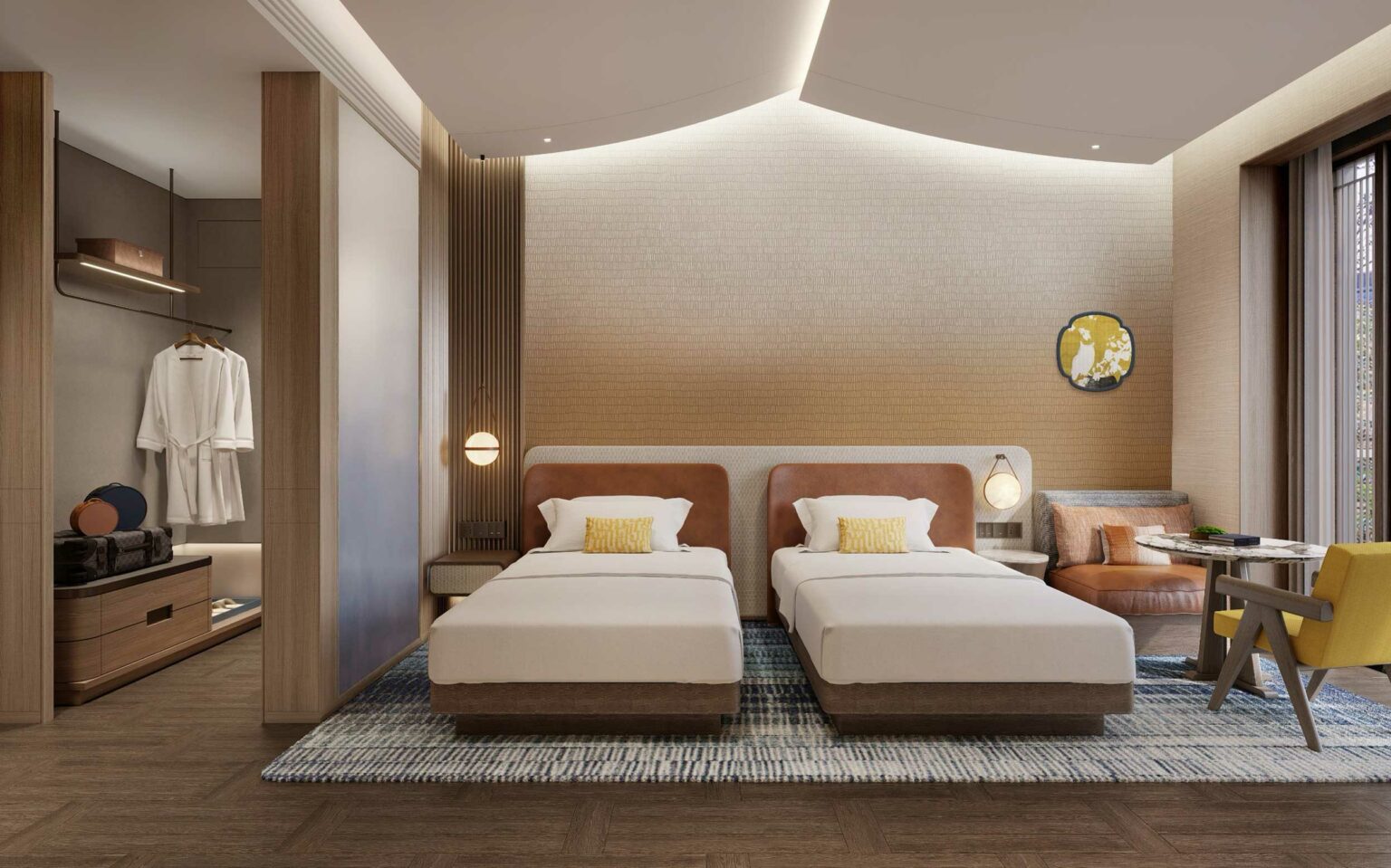 Modern hotel room with twin beds, beige and gold tones, soft lighting, and elegant decor. Features an open closet, lounge chair, and desk, creating a cozy, luxurious ambiance.