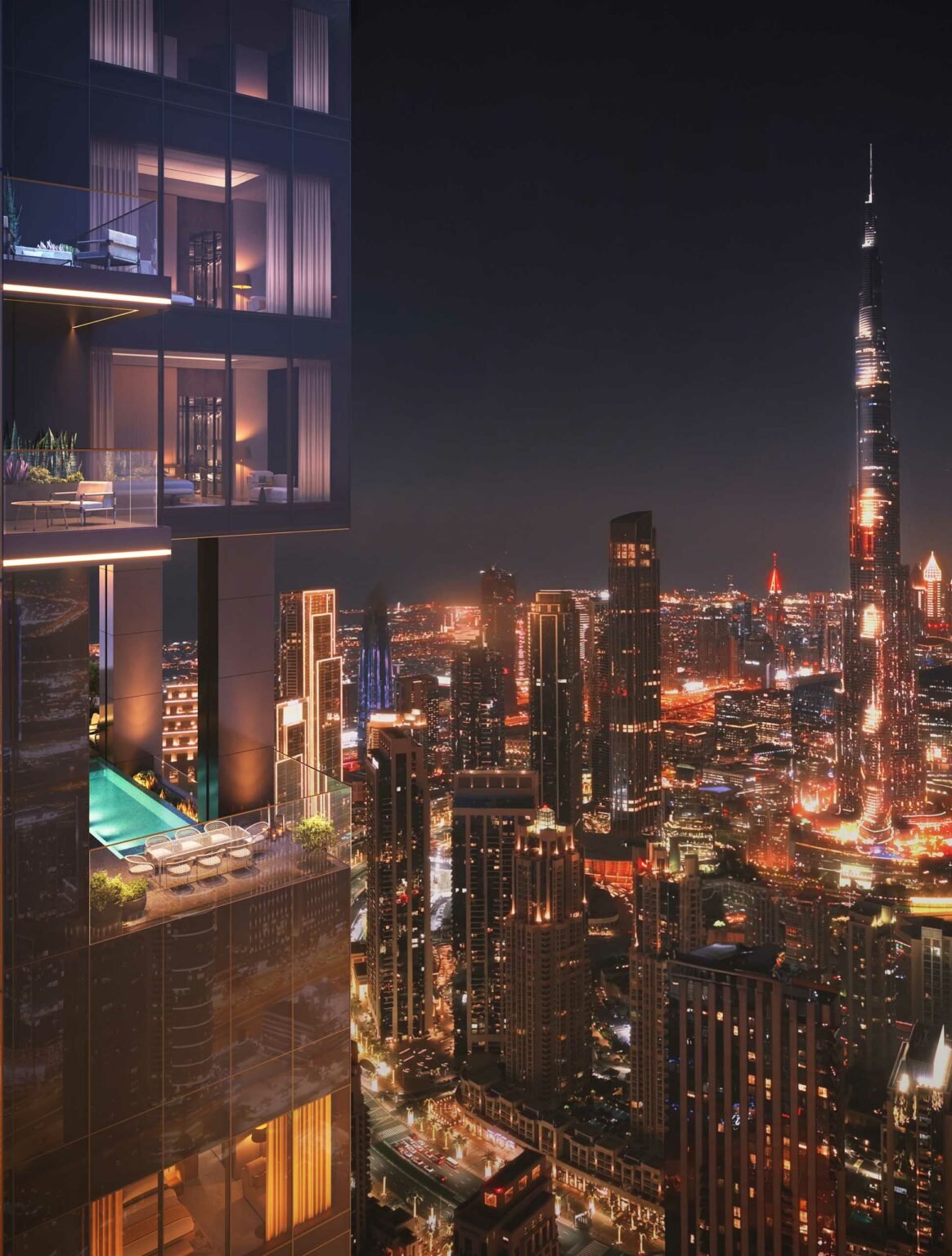Nighttime Dubai's cityscape with a high-rise terrace featuring a pool and seating area on the left. Illuminated skyscrapers, including a prominent tower, create a vibrant skyline.