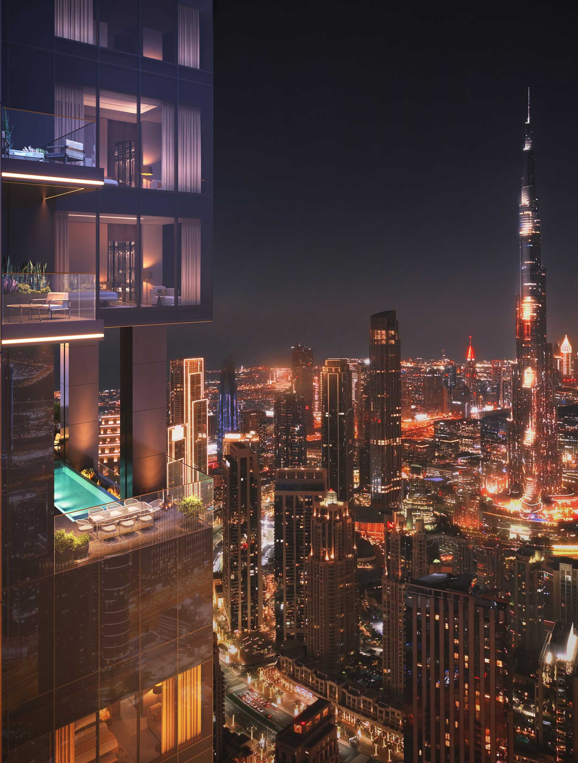 Nighttime Dubai's cityscape with a high-rise terrace featuring a pool and seating area on the left. Illuminated skyscrapers, including a prominent tower, create a vibrant skyline.
